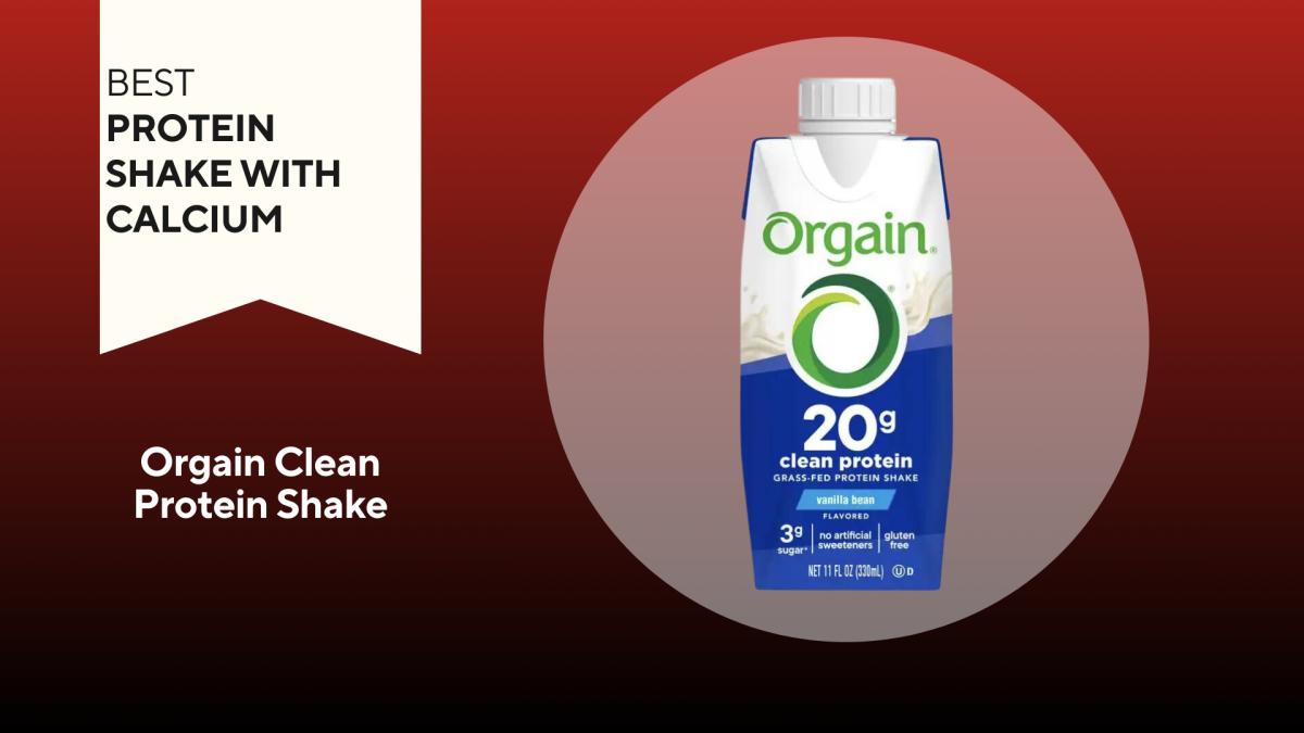 A red background with a white banner reading "Best Protein Shake with Calcium" next to a white, green and blue carton of Orgain Clean Protein Shake in Vanilla flavor